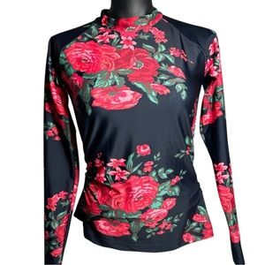 Albion Black and Red Floral Long Sleeve Swim Rash Guard Medium UV Protection